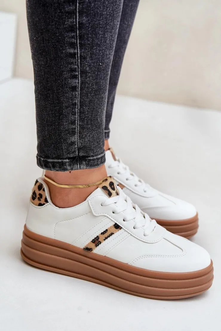 Boto Sneakersy Damskie*Sneakersy Damskie Na Platformie Panterka Białe Dravinnia Biały