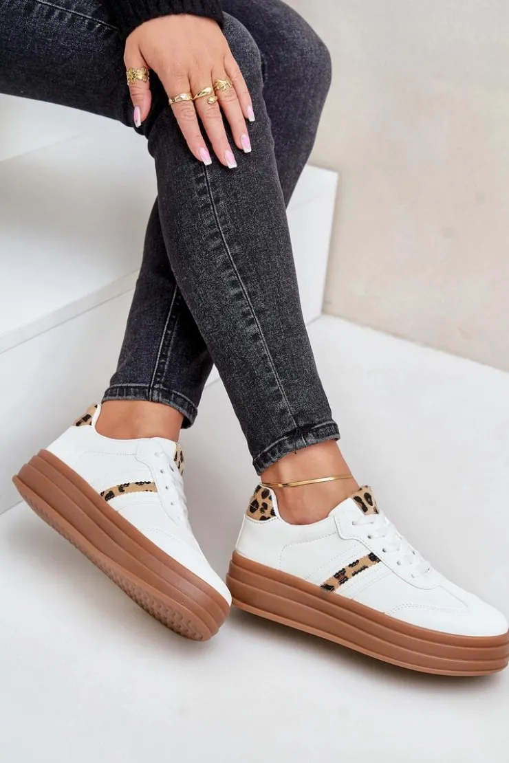 Boto Sneakersy Damskie*Sneakersy Damskie Na Platformie Panterka Białe Dravinnia Biały