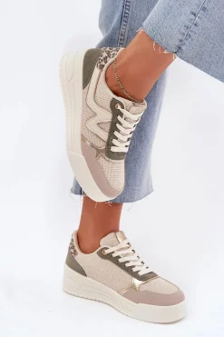 Damskie Boto Sneakersy Damskie Na Platformie Panterka Beżowe Kelsia