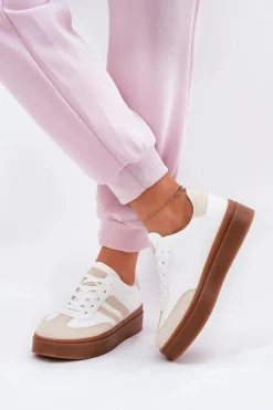 Damskie Evento Sneakersy Damskie Na Platformie Z Eko Skóry Beżowo-Białe Ediriella