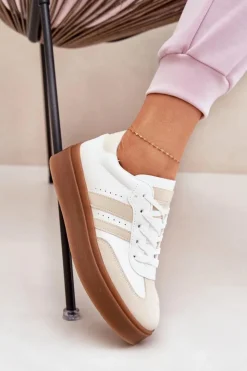 Damskie Evento Sneakersy Damskie Na Platformie Z Eko Skóry Beżowo-Białe Ediriella