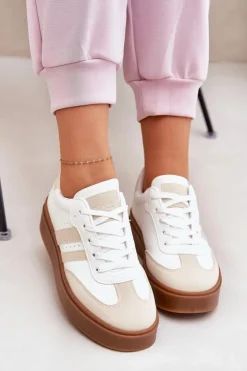 Damskie Evento Sneakersy Damskie Na Platformie Z Eko Skóry Beżowo-Białe Ediriella