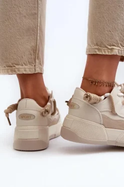 Boto Sneakersy Damskie*Sneakersy Damskie Na Platformie Beżowe Moariella Beżowy
