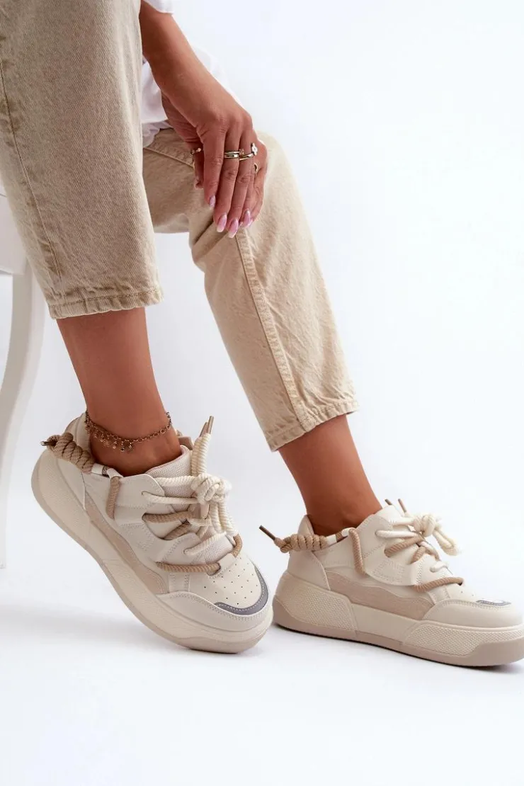 Boto Sneakersy Damskie*Sneakersy Damskie Na Platformie Beżowe Moariella Beżowy