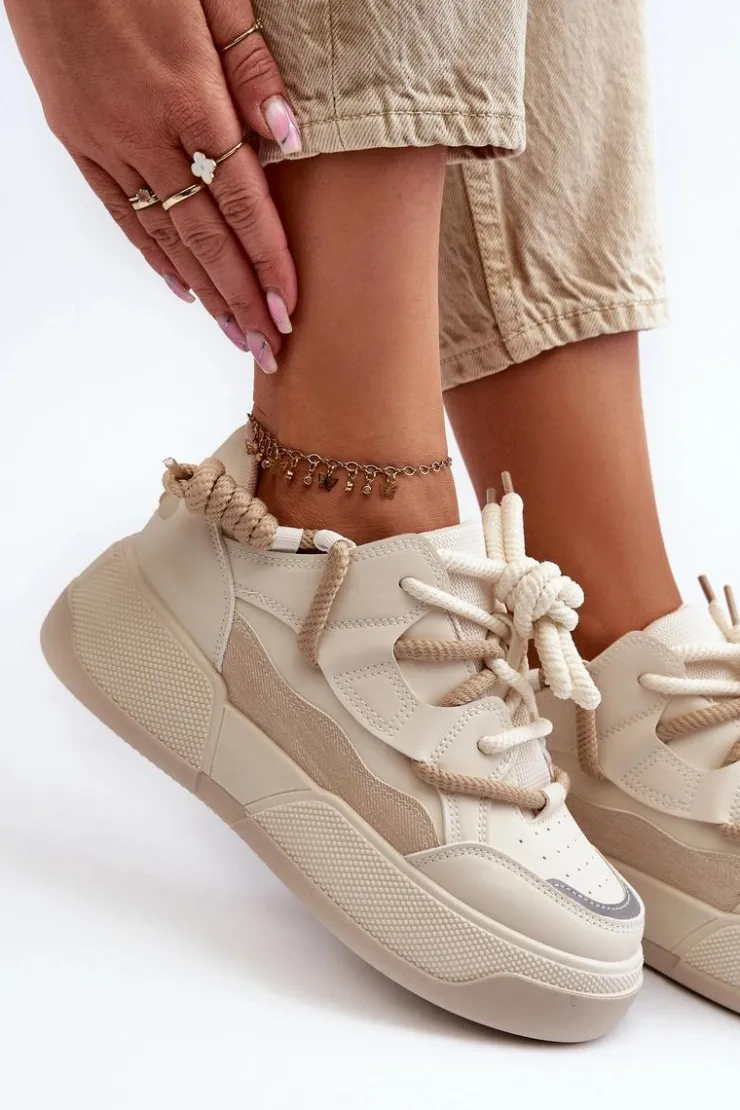 Boto Sneakersy Damskie*Sneakersy Damskie Na Platformie Beżowe Moariella Beżowy