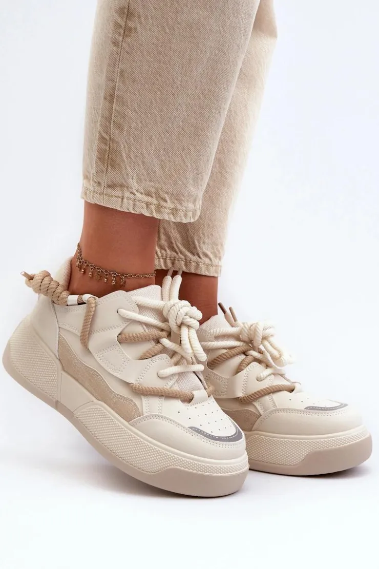 Boto Sneakersy Damskie*Sneakersy Damskie Na Platformie Beżowe Moariella Beżowy