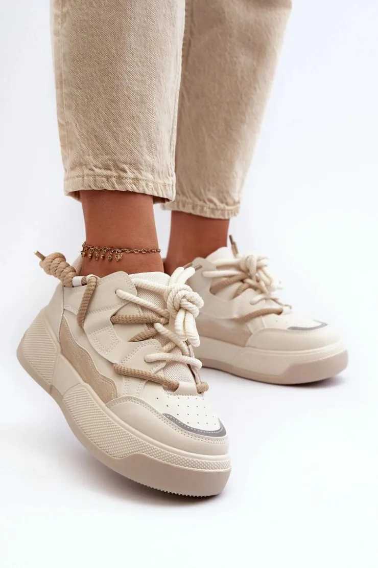 Boto Sneakersy Damskie*Sneakersy Damskie Na Platformie Beżowe Moariella Beżowy