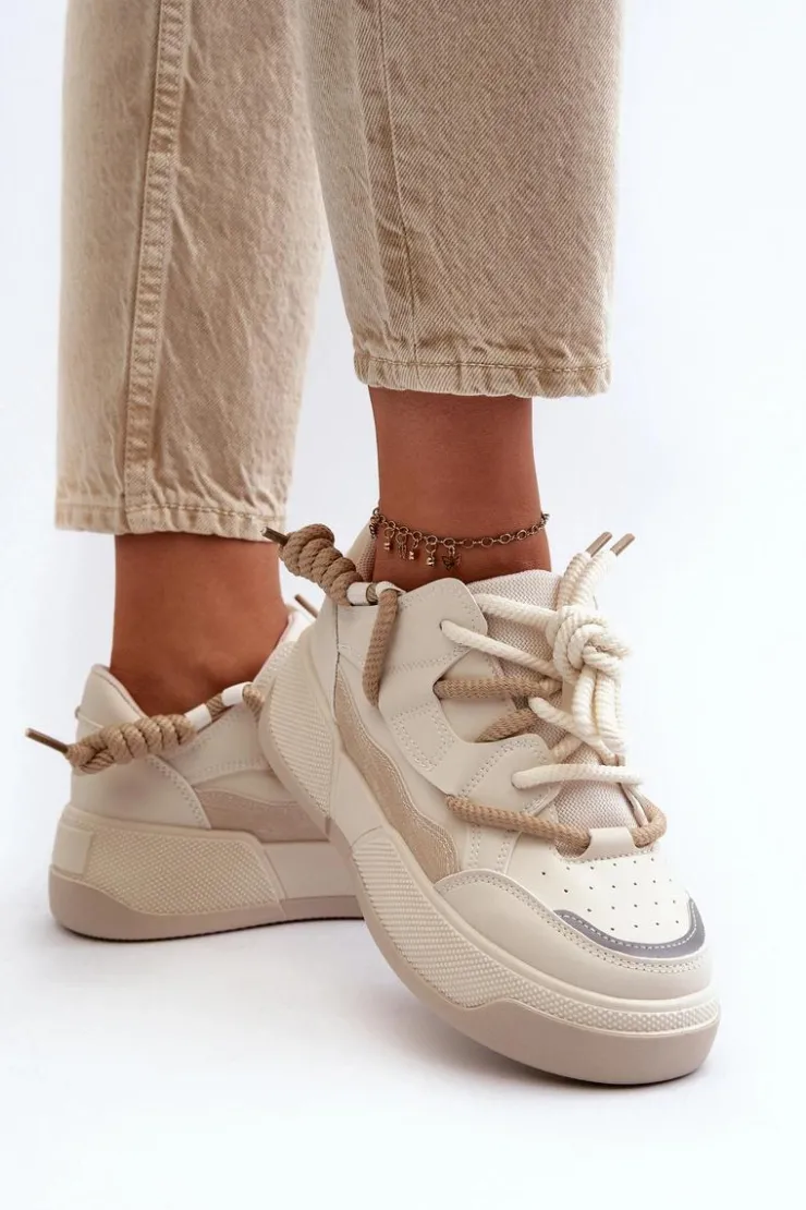 Boto Sneakersy Damskie*Sneakersy Damskie Na Platformie Beżowe Moariella Beżowy