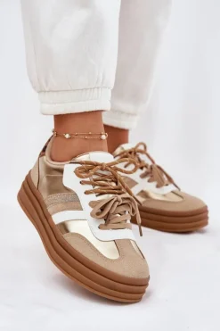 Boto Sneakersy Damskie*Sneakersy Damskie Na Platformie Z Podwójnym Sznurowaniem Panterka Złote Niteria Złoty