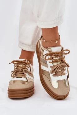 Boto Sneakersy Damskie*Sneakersy Damskie Na Platformie Z Podwójnym Sznurowaniem Panterka Złote Niteria Złoty