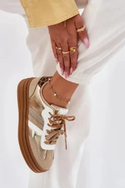 Boto Sneakersy Damskie*Sneakersy Damskie Na Platformie Z Podwójnym Sznurowaniem Panterka Złote Niteria Złoty