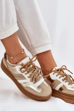 Boto Sneakersy Damskie*Sneakersy Damskie Na Platformie Z Podwójnym Sznurowaniem Panterka Złote Niteria Złoty