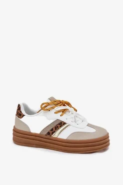 Damskie Boto Sneakersy Damskie Na Platformie Z Podwójnym Sznurowaniem Panterka Białe Niteria