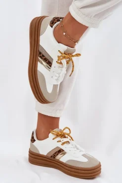 Damskie Boto Sneakersy Damskie Na Platformie Z Podwójnym Sznurowaniem Panterka Białe Niteria