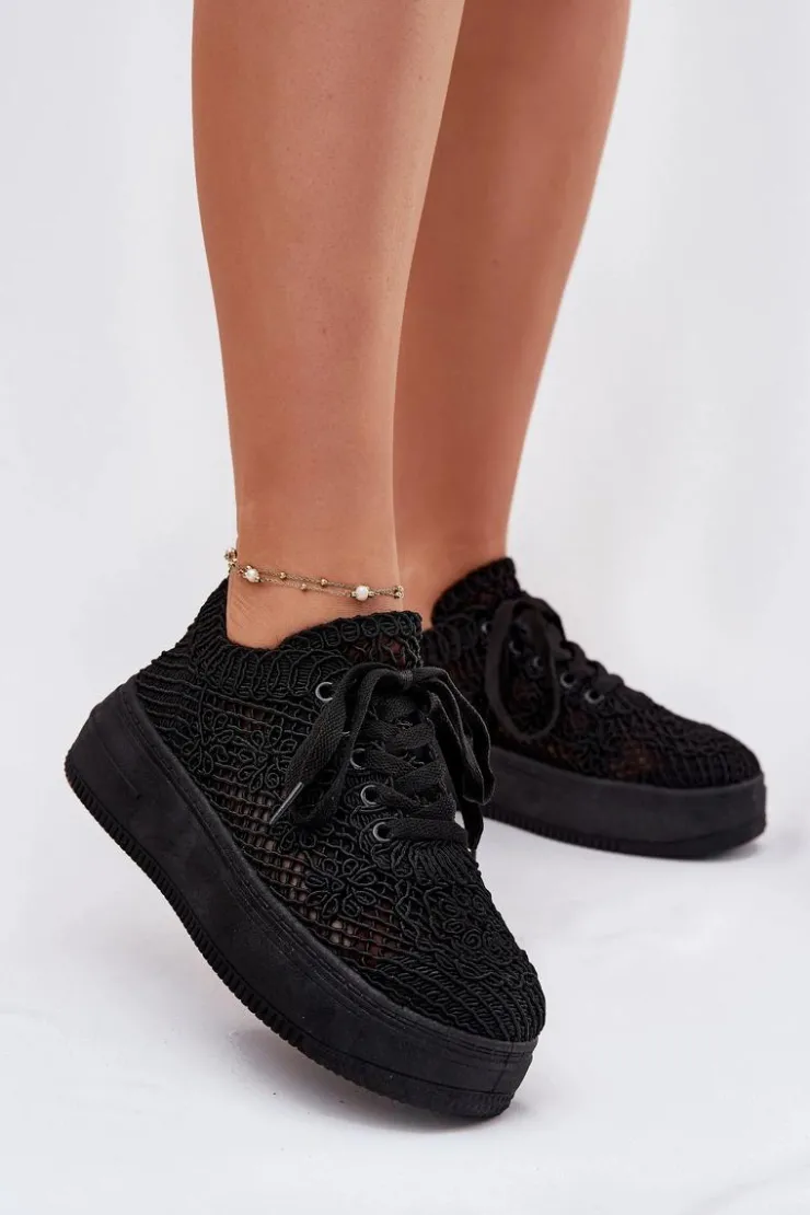 Boto Sneakersy Damskie Na Platformie Z Szydełkową Cholewką Czarne Mirietto