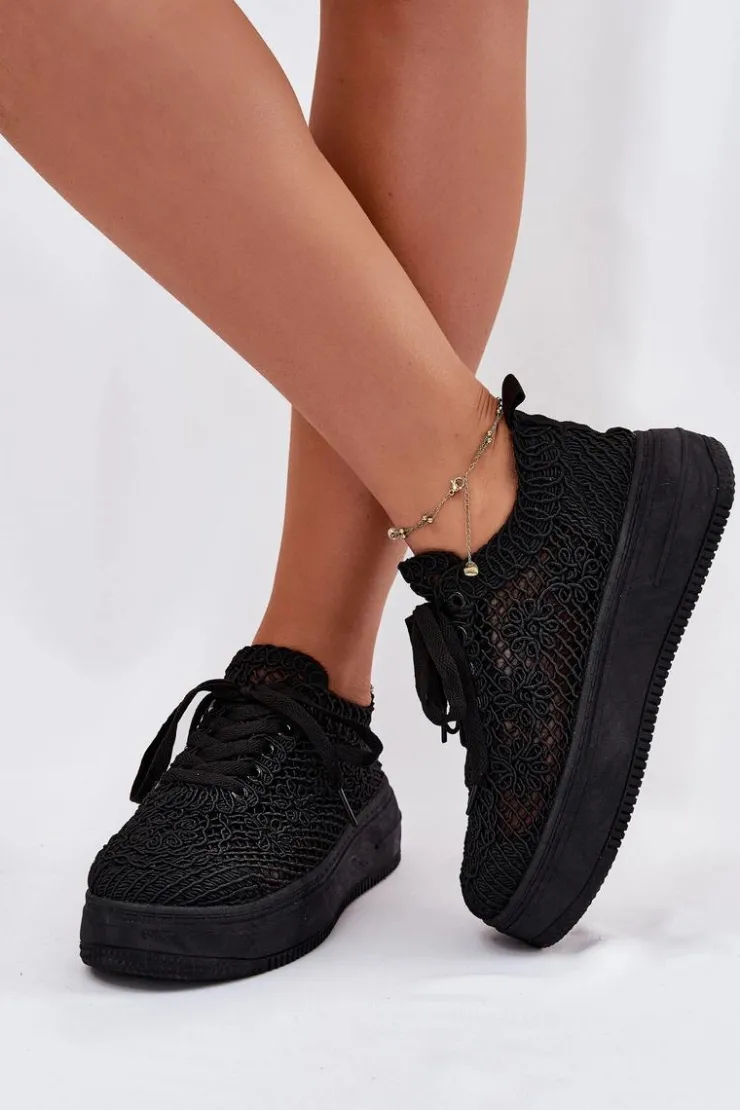 Boto Sneakersy Damskie Na Platformie Z Szydełkową Cholewką Czarne Mirietto