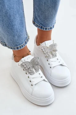 Damskie Boto Sneakersy Damskie Na Platformie Z Motylem Biało-Srebrne Naritevia