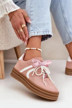 Online Boto Sneakersy Damskie Na Platformie Z Ozdobami Różowe Vinness Różowy