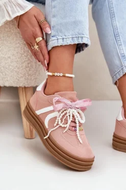 Online Boto Sneakersy Damskie Na Platformie Z Ozdobami Różowe Vinness Różowy