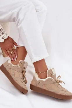 Boto Sneakersy Damskie*Sneakersy Damskie Na Platformie Ocieplane Futerkiem Beżowe Solvia Beżowy