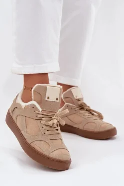 Boto Sneakersy Damskie*Sneakersy Damskie Na Platformie Ocieplane Futerkiem Beżowe Solvia Beżowy