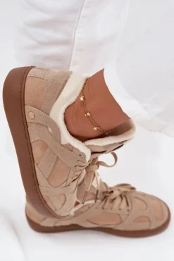 Boto Sneakersy Damskie*Sneakersy Damskie Na Platformie Ocieplane Futerkiem Beżowe Solvia Beżowy