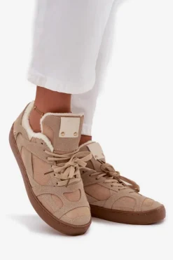 Boto Sneakersy Damskie*Sneakersy Damskie Na Platformie Ocieplane Futerkiem Beżowe Solvia Beżowy