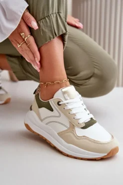 Boto Buty Sportowe Na Platformie|Sneakersy Damskie*Sneakersy Damskie Na Platformie Z Eko Skóry Beżowo-Zielone Issatta