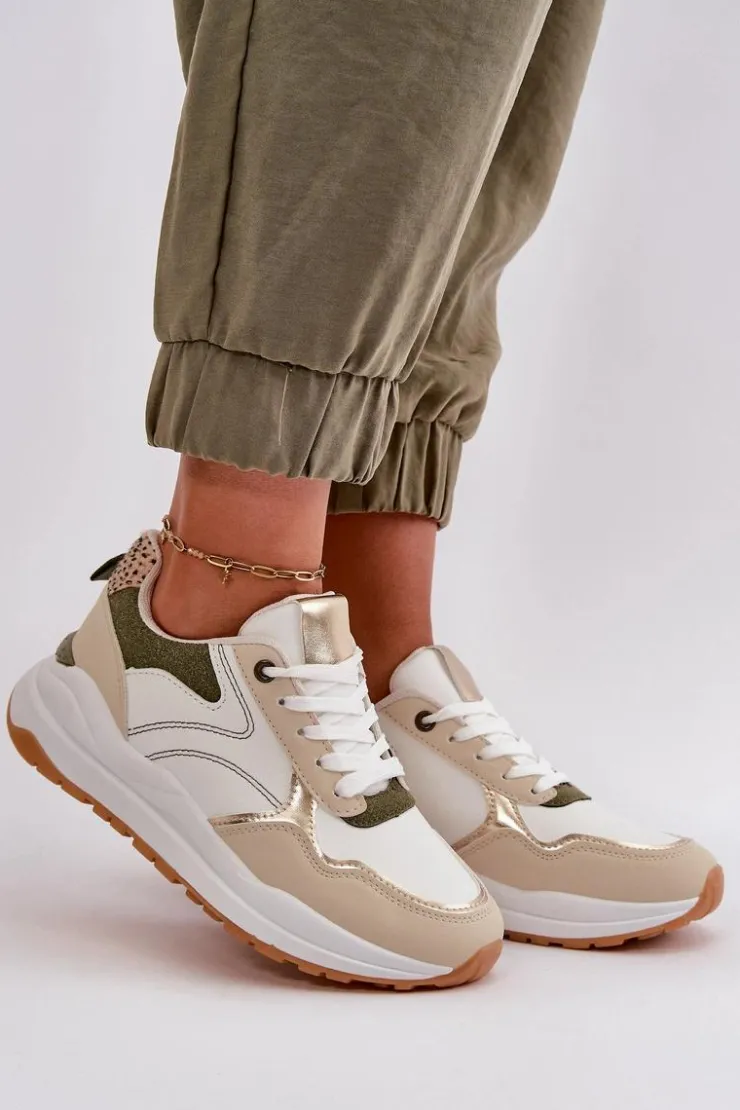 Boto Buty Sportowe Na Platformie|Sneakersy Damskie*Sneakersy Damskie Na Platformie Z Eko Skóry Beżowo-Zielone Issatta