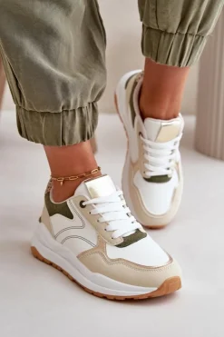 Boto Buty Sportowe Na Platformie|Sneakersy Damskie*Sneakersy Damskie Na Platformie Z Eko Skóry Beżowo-Zielone Issatta
