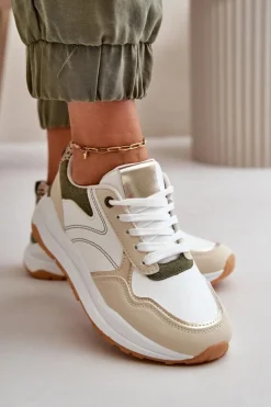 Boto Buty Sportowe Na Platformie|Sneakersy Damskie*Sneakersy Damskie Na Platformie Z Eko Skóry Beżowo-Zielone Issatta