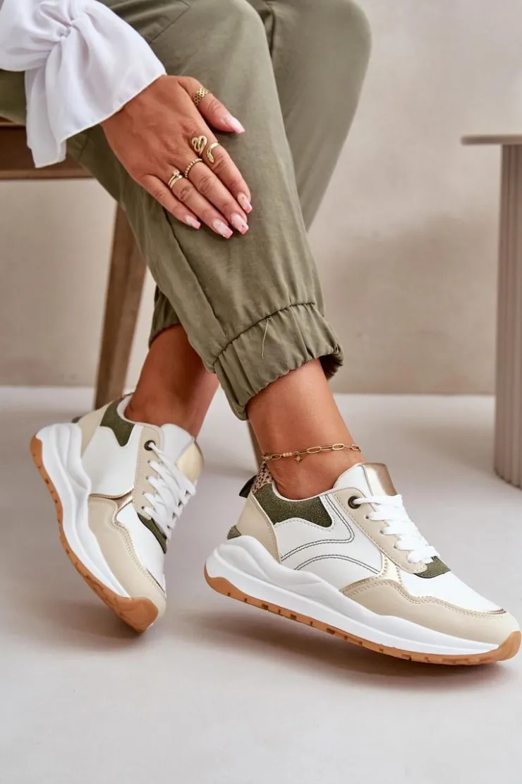 Boto Buty Sportowe Na Platformie|Sneakersy Damskie*Sneakersy Damskie Na Platformie Z Eko Skóry Beżowo-Zielone Issatta