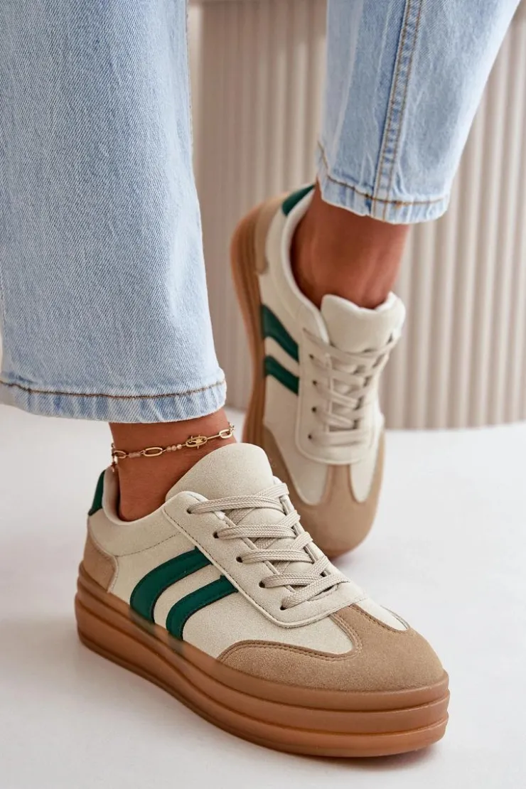 Evento Sneakersy Damskie*Sneakersy Damskie Na Platformie Beżowo-Zielone Nesonice Beżowy