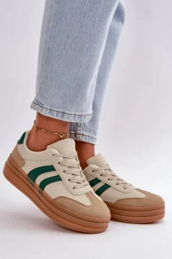 Evento Sneakersy Damskie*Sneakersy Damskie Na Platformie Beżowo-Zielone Nesonice Beżowy