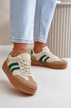 Evento Sneakersy Damskie*Sneakersy Damskie Na Platformie Beżowo-Zielone Nesonice Beżowy