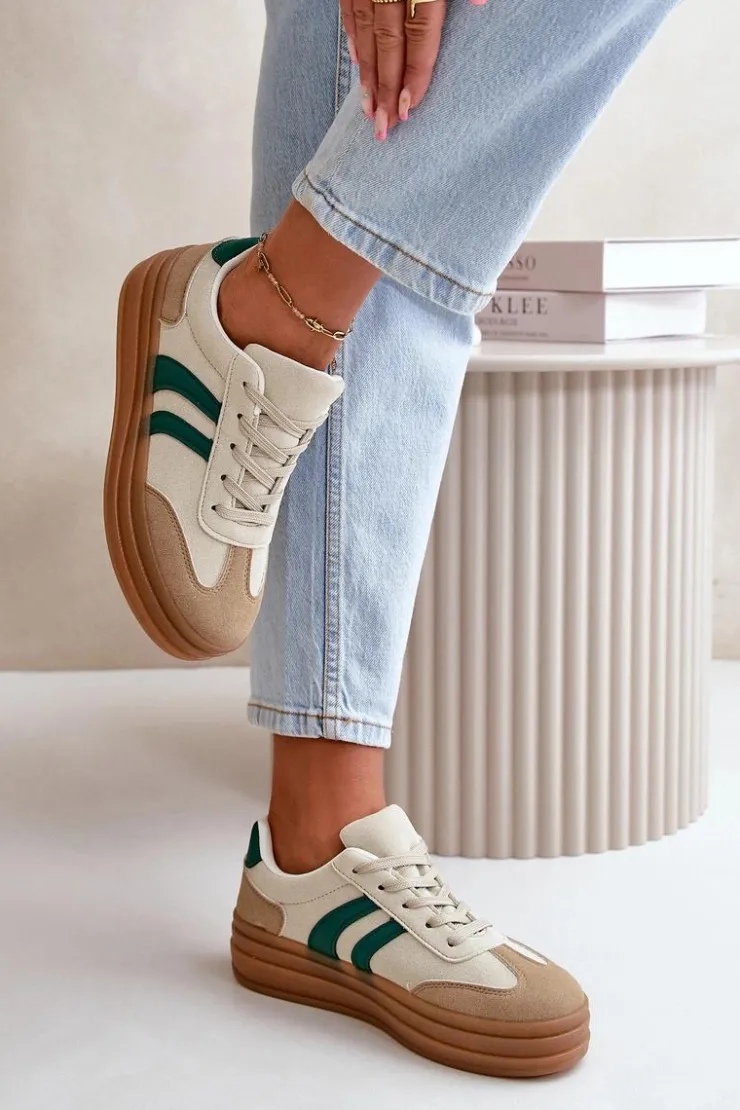 Evento Sneakersy Damskie*Sneakersy Damskie Na Platformie Beżowo-Zielone Nesonice Beżowy