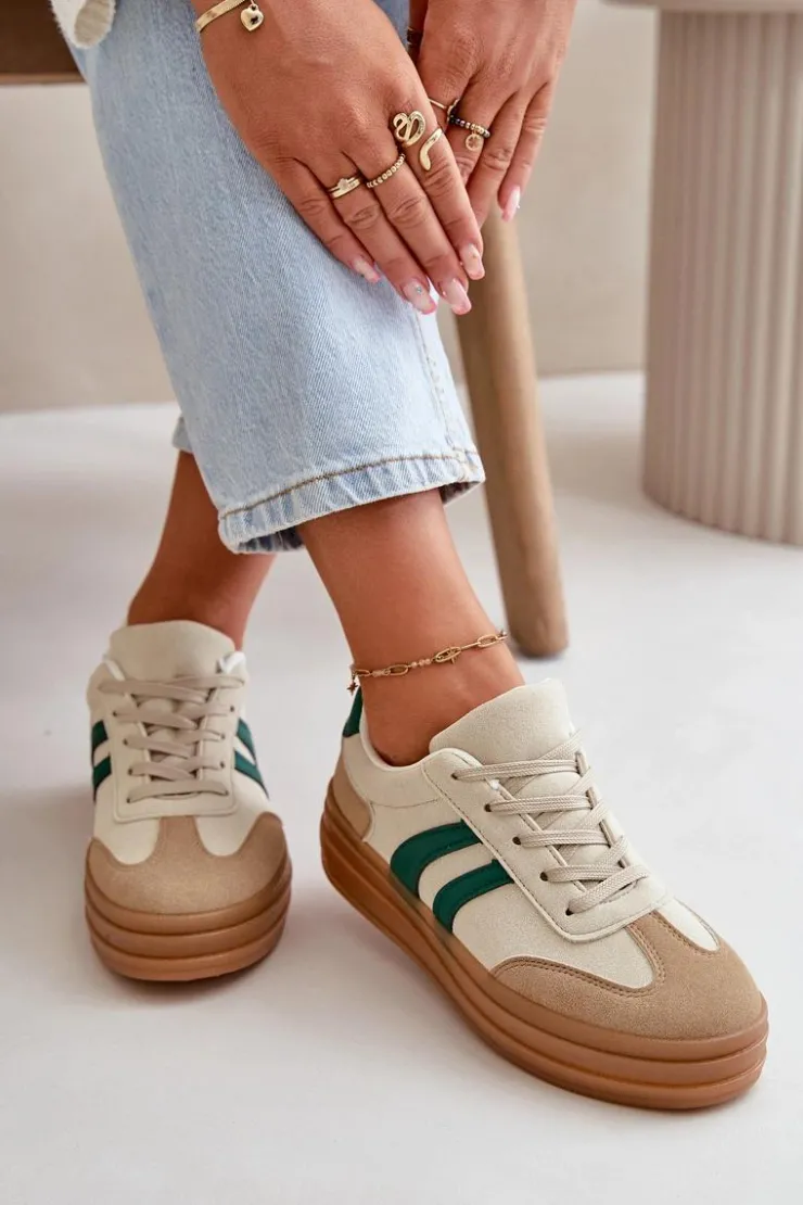 Evento Sneakersy Damskie*Sneakersy Damskie Na Platformie Beżowo-Zielone Nesonice Beżowy