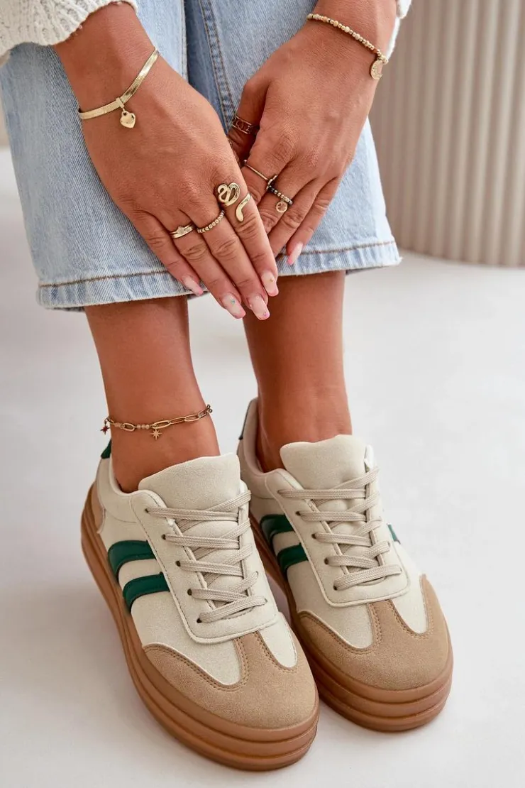 Evento Sneakersy Damskie*Sneakersy Damskie Na Platformie Beżowo-Zielone Nesonice Beżowy