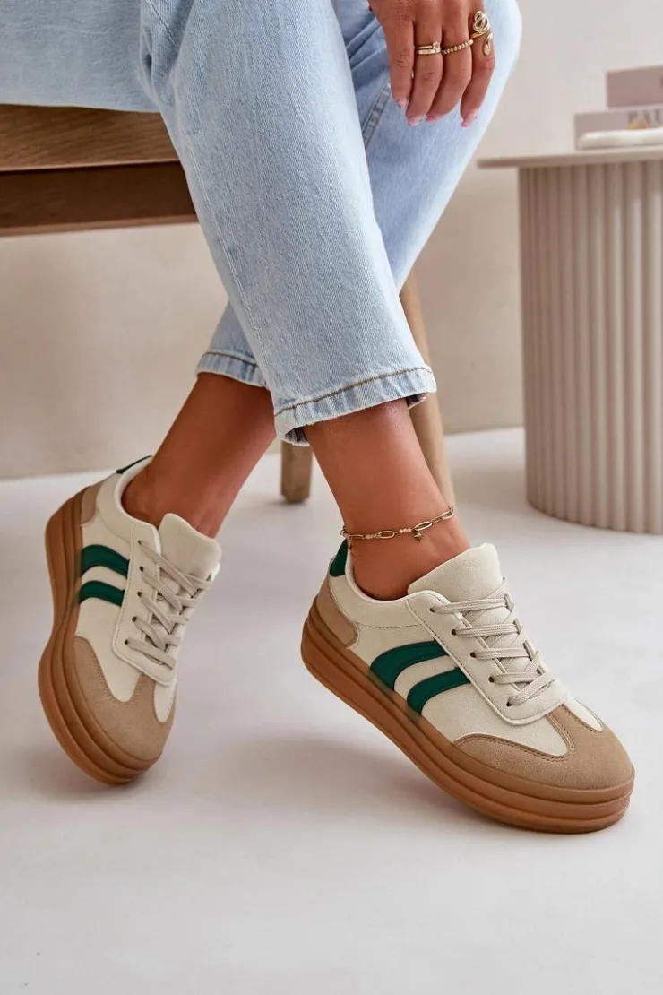 Evento Sneakersy Damskie*Sneakersy Damskie Na Platformie Beżowo-Zielone Nesonice Beżowy