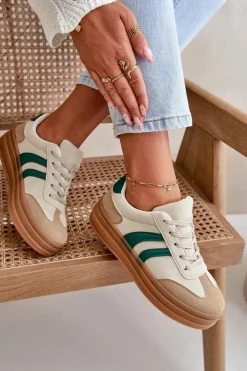 Evento Sneakersy Damskie*Sneakersy Damskie Na Platformie Beżowo-Zielone Nesonice Beżowy