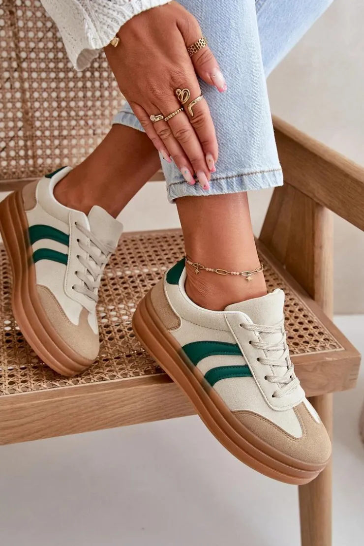 Evento Sneakersy Damskie*Sneakersy Damskie Na Platformie Beżowo-Zielone Nesonice Beżowy