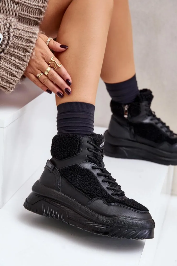 Lee Cooper Buty Sportowe Na Platformie|Sneakersy Damskie*Sneakersy Damskie Na Platformie Z Futerkiem Typu Baranek LCJ-24-47-3145 Czarne Czarny