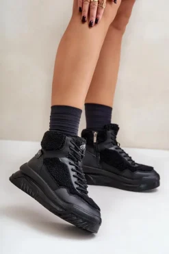 Lee Cooper Buty Sportowe Na Platformie|Sneakersy Damskie*Sneakersy Damskie Na Platformie Z Futerkiem Typu Baranek LCJ-24-47-3145 Czarne Czarny