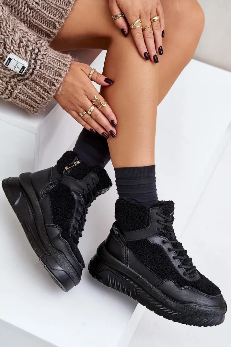 Lee Cooper Buty Sportowe Na Platformie|Sneakersy Damskie*Sneakersy Damskie Na Platformie Z Futerkiem Typu Baranek LCJ-24-47-3145 Czarne Czarny