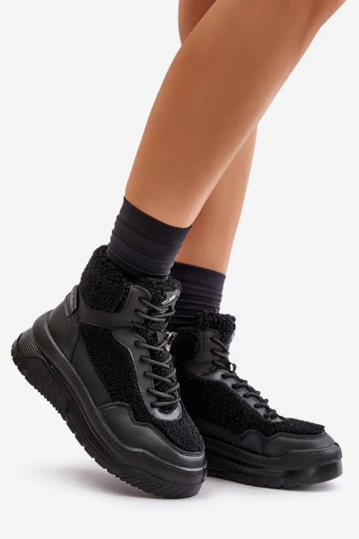 Lee Cooper Buty Sportowe Na Platformie|Sneakersy Damskie*Sneakersy Damskie Na Platformie Z Futerkiem Typu Baranek LCJ-24-47-3145 Czarne Czarny