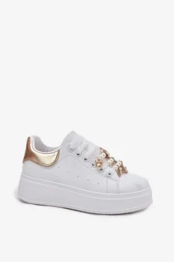 Damskie Boto Sneakersy Damskie Na Platformie Z Przypinkami Biało-Złote Ocerdia