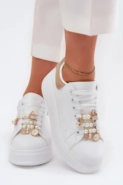 Damskie Boto Sneakersy Damskie Na Platformie Z Przypinkami Biało-Złote Ocerdia