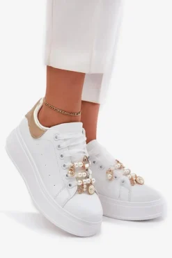 Damskie Boto Sneakersy Damskie Na Platformie Z Przypinkami Biało-Złote Ocerdia