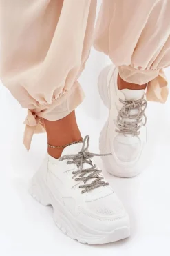 Damskie Boto Sneakersy Damskie Na Platformie Ozdobnym Sznurowaniem Białe Evalianne