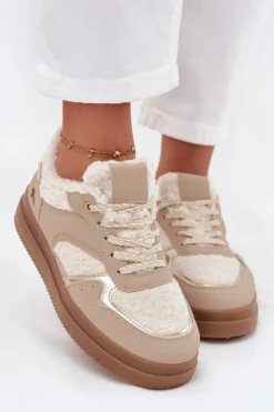 Damskie Boto Sneakersy Damskie Na Platformie Z Futerkiem Typu Baranek Beżowe Frelina